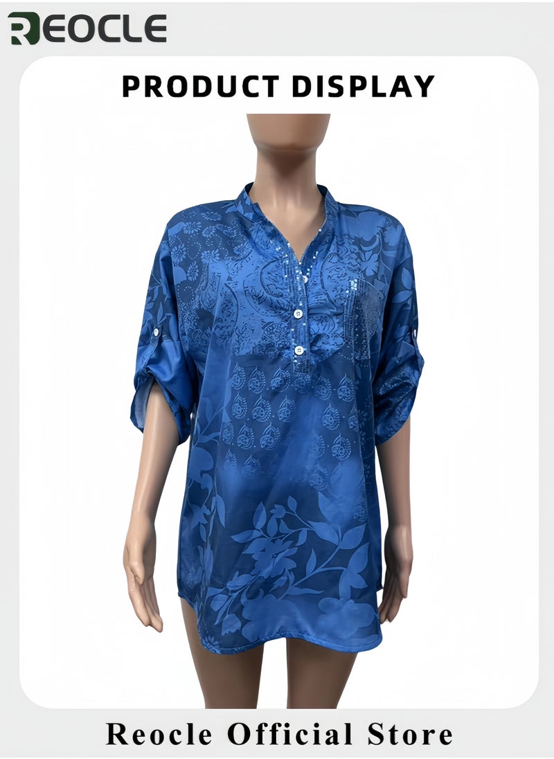 REOCLE - Women Top Pullover Blouse Casual Versatile Shirt V-neck Half-button Printed Long Sleeve Top Commuting Style Printing Tops for Work Travel - Image 1
