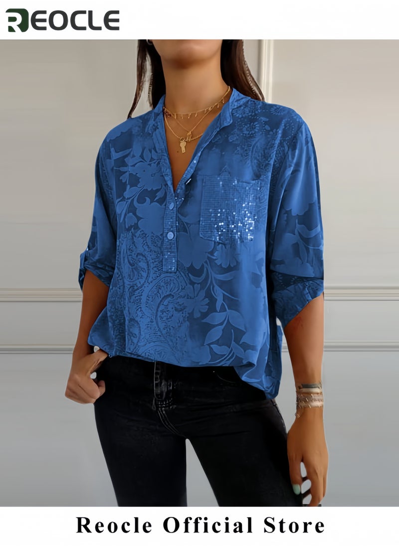 REOCLE - Women Top Pullover Blouse Casual Versatile Shirt V-neck Half-button Printed Long Sleeve Top Commuting Style Printing Tops for Work Travel - Image 1