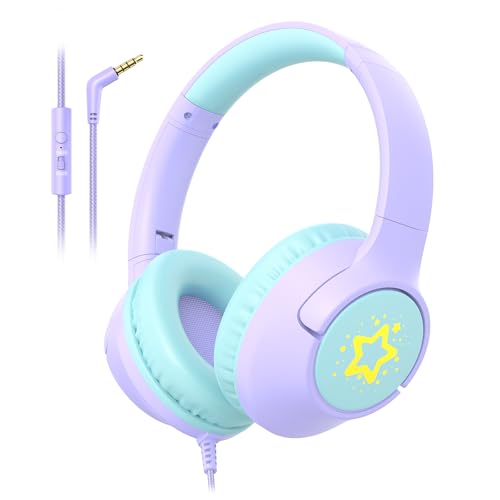Botesty Sound Kids Wired Headphones for School 8594 dB Volume Limit Wired Over Ear Headphones for Girls Kids with Microphone Foldable Stereo Sound 35mm Wire Cord for Kindle Tablet Airplane Travel Purple - Image 1