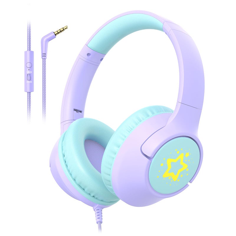 Botesty Sound Kids Wired Headphones for School 8594 dB Volume Limit Wired Over Ear Headphones for Girls Kids with Microphone Foldable Stereo Sound 35mm Wire Cord for Kindle Tablet Airplane Travel Purple - Image 2