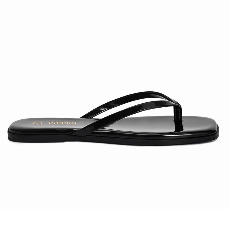 Rihero Womens Flip Flops Wide Width Beach Sandals Dressy Summer Comfortable Slip On Black Patent Leather Sandals Size 7 - Image 3