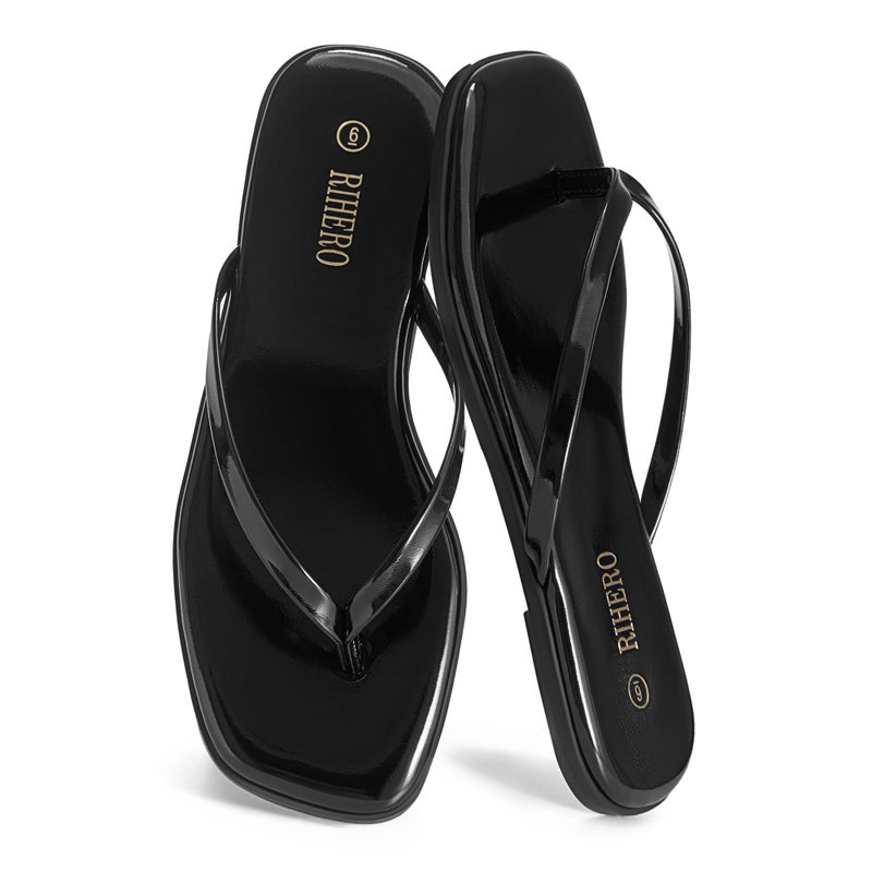 Rihero Womens Flip Flops Wide Width Beach Sandals Dressy Summer Comfortable Slip On Black Patent Leather Sandals Size 7 - Image 4