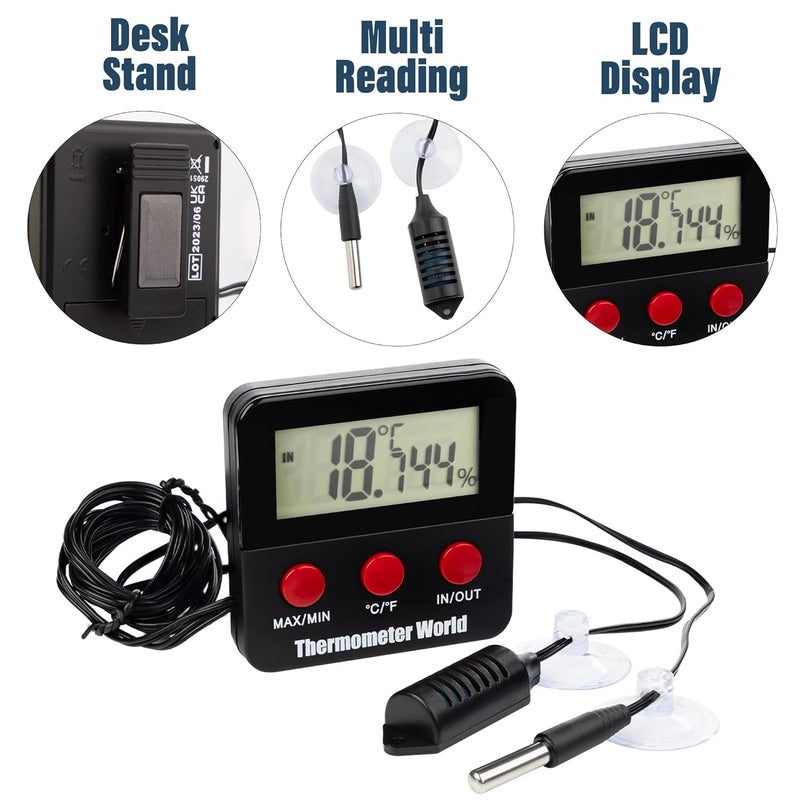 Thermometer World مقياس حرارة عالمي رقمي للزواحف ومقياس رطوبة مع مجسات عن بعد – مقياس حرارة ورطوبة للزواحف في التراريوم، خزان، حاضنة، مفقس�� داخلي وخارجي، مقياس حرارة عالمي، IN/010 - Image 4