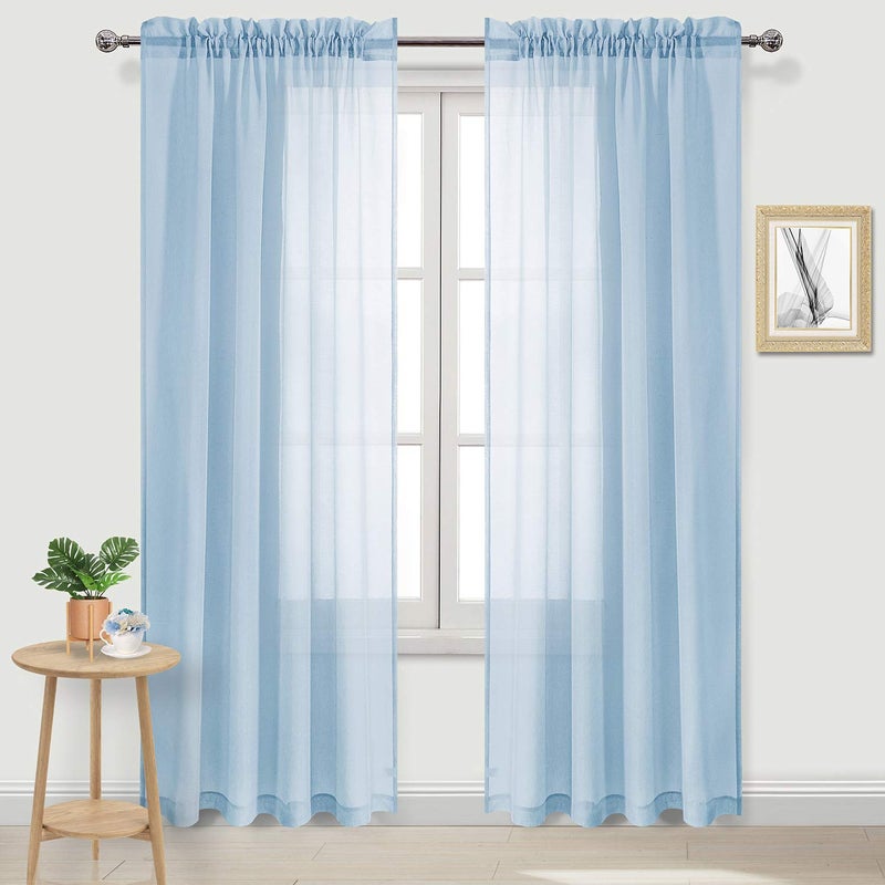 DWCN Sky Blue Sheer Curtains Semi Transparent Voile Rod Pocket Curtains for Bedroom and Living Room 52 x 84 inches Long Set of 2 Panels