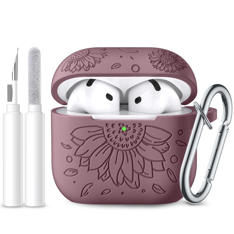 Lerobo for AirPods 4 Case Cover,Cute Flower Engraving Soft Silicone Full Protective Cover Accessories with Cleaning Kit & Keychain Compatible with Apple AirPods 4th Gen 2024 for Women,Smokey Mauve - Image 1