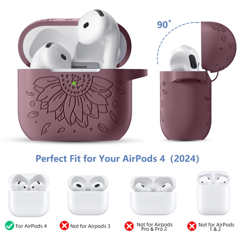 Lerobo for AirPods 4 Case Cover,Cute Flower Engraving Soft Silicone Full Protective Cover Accessories with Cleaning Kit & Keychain Compatible with Apple AirPods 4th Gen 2024 for Women,Smokey Mauve - Image 4