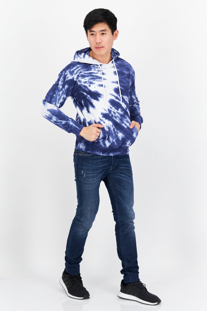 Men Hooded Long Sleeve Tie Dye Sweatshirt, Blue Combo