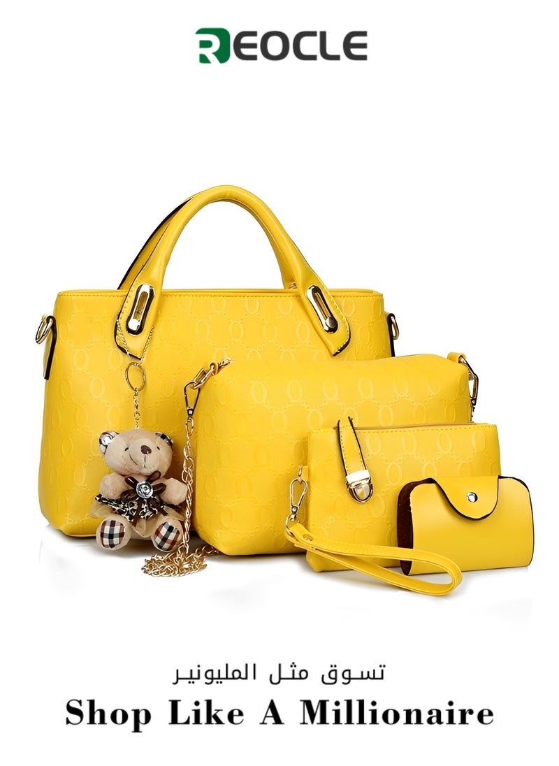 REOCLE Women's 4 Pcs Handbags Set Top Handle Shoulder Crossbody Bag Handle Satchel Hobo Handbag Set Large Tote & Purse & Shoulder Bag & Card Holder Tote Bag 