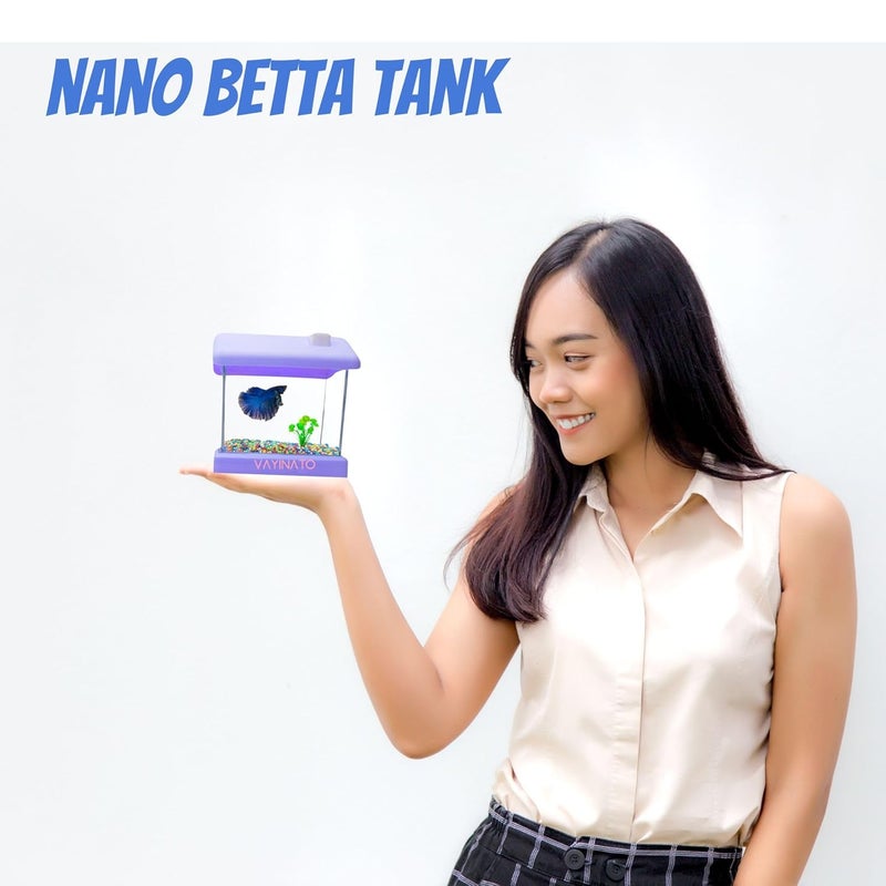 VAYINATO خزان سمك بيتا شفاف من الأكريليك مع نباتات بلاستيكية صغيرة - لون عشوائي (نموذج منزلي) سهل التنظيف والصيانة | خزان سمك بيتا محمول صغير (سعة قصوى 500 مل) - Image 5