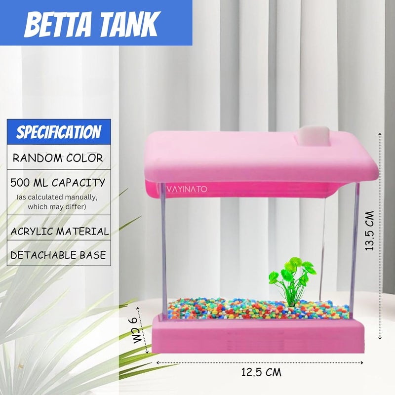VAYINATO خزان سمك بيتا شفاف من الأكريليك مع نباتات بلاستيكية صغيرة - لون عشوائي (نموذج منزلي) سهل التنظيف والصيانة | خزان سمك بيتا محمول صغير (سعة قصوى 500 مل) - Image 2