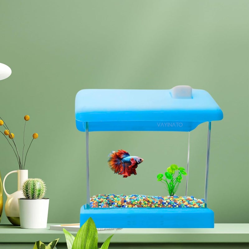 VAYINATO خزان سمك بيتا شفاف من الأكريليك مع نباتات بلاستيكية صغيرة - لون عشوائي (نموذج منزلي) سهل التنظيف والصيانة | خزان سمك بيتا محمول صغير (سعة قصوى 500 مل) - Image 1