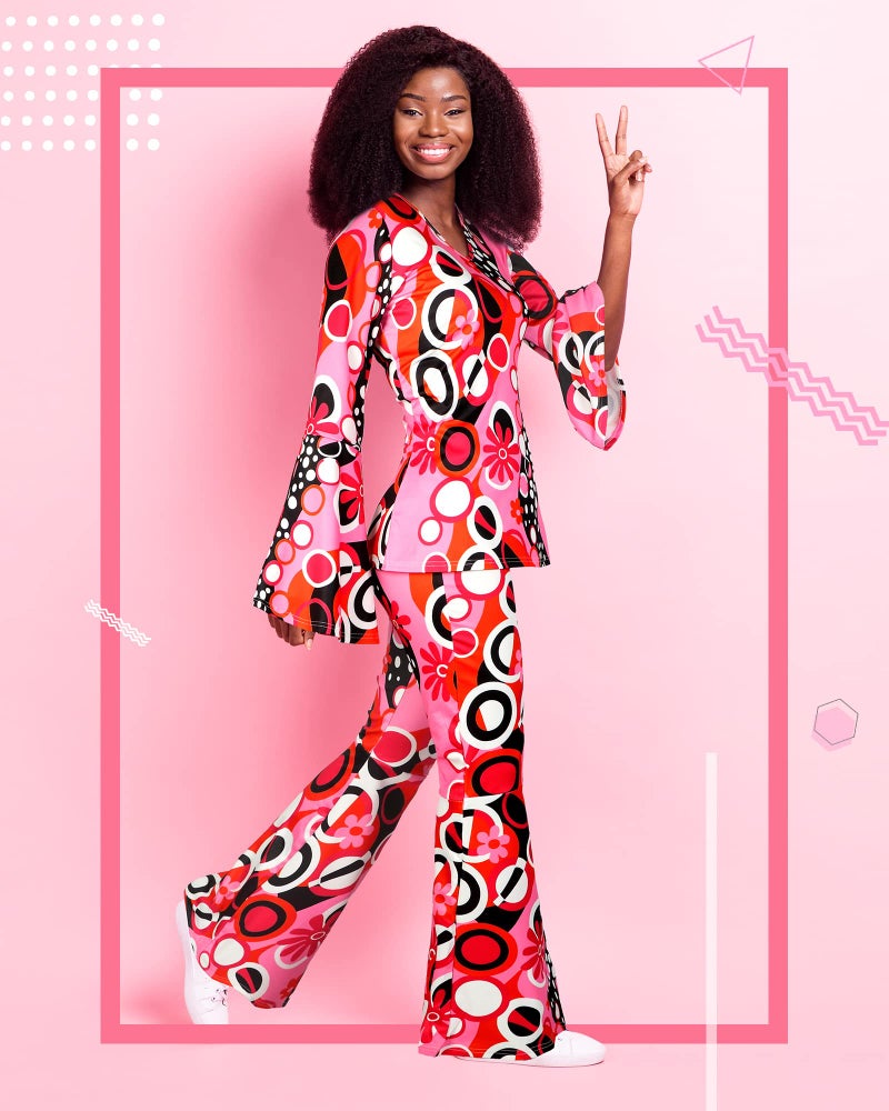 Haysandy 70s Outfit Women Disco Hippie Costume Accessories Pink Peace Disco Bottom Pants for Carnival Halloween Cosplay(Rose Red,XXL) - Image 5
