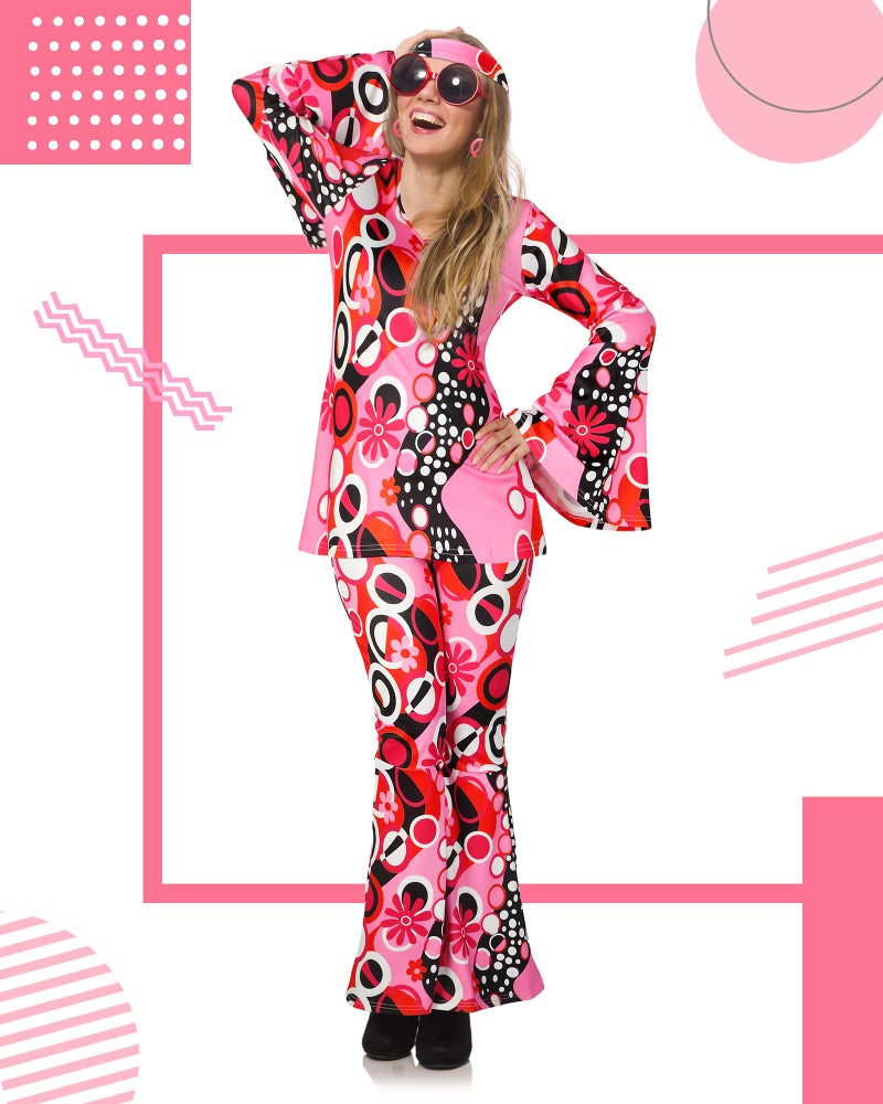 Haysandy 70s Outfit Women Disco Hippie Costume Accessories Pink Peace Disco Bottom Pants for Carnival Halloween Cosplay(Rose Red,XXL) - Image 4
