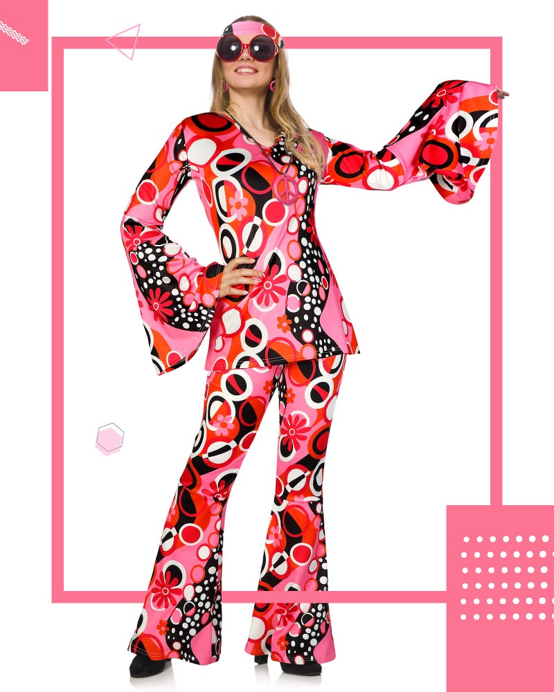 Haysandy 70s Outfit Women Disco Hippie Costume Accessories Pink Peace Disco Bottom Pants for Carnival Halloween Cosplay(Rose Red,XXL) - Image 3
