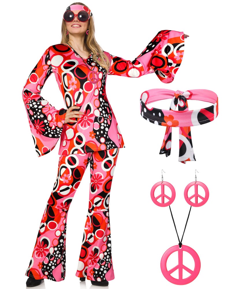 Haysandy 70s Outfit Women Disco Hippie Costume Accessories Pink Peace Disco Bottom Pants for Carnival Halloween Cosplay(Rose Red,XXL) - Image 1
