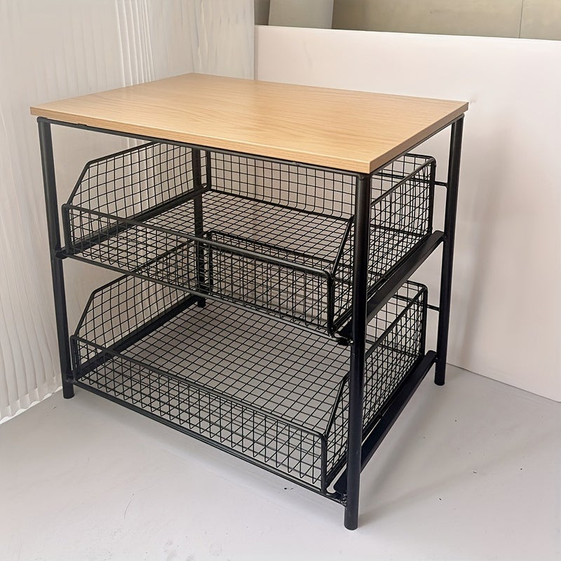 Space-Saving Kitchen Countertop Organizer with Drawers And Metal Baskets - Sturdy Solid Wood And Metal Multi-Layer Storage Rack, Suitable for Coffee Machines, Tableware, Spices - Modern Black/White Design, No Power Supply Required - Image 1