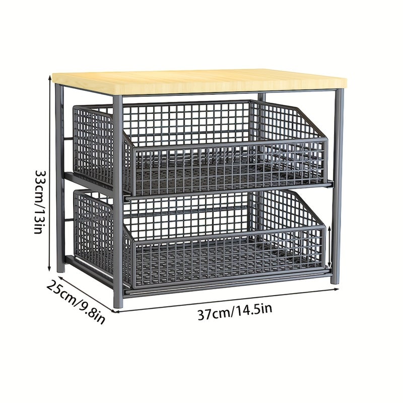 Space-Saving Kitchen Countertop Organizer with Drawers And Metal Baskets - Sturdy Solid Wood And Metal Multi-Layer Storage Rack, Suitable for Coffee Machines, Tableware, Spices - Modern Black/White Design, No Power Supply Required - Image 2