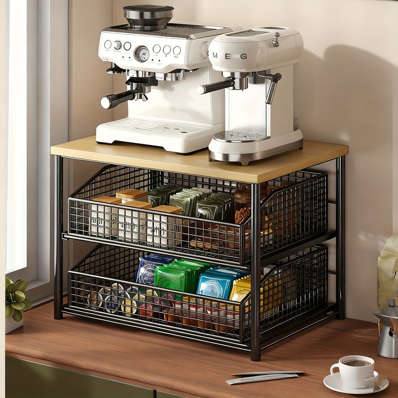 Space-Saving Kitchen Countertop Organizer with Drawers And Metal Baskets - Sturdy Solid Wood And Metal Multi-Layer Storage Rack, Suitable for Coffee Machines, Tableware, Spices - Modern Black/White Design, No Power Supply Required - Image 4
