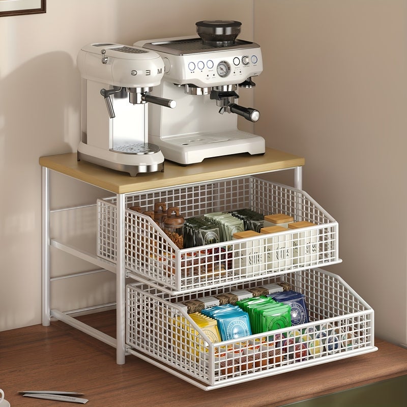 Space-Saving Kitchen Countertop Organizer with Drawers And Metal Baskets - Sturdy Solid Wood And Metal Multi-Layer Storage Rack, Suitable for Coffee Machines, Tableware, Spices - Modern Black/White Design, No Power Supply Required - Image 5
