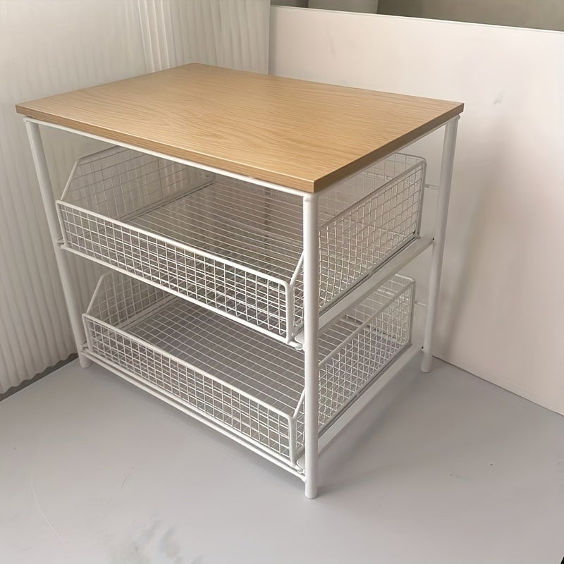 Space-Saving Kitchen Countertop Organizer with Drawers And Metal Baskets - Sturdy Solid Wood And Metal Multi-Layer Storage Rack, Suitable for Coffee Machines, Tableware, Spices - Modern Black/White Design, No Power Supply Required - Image 3