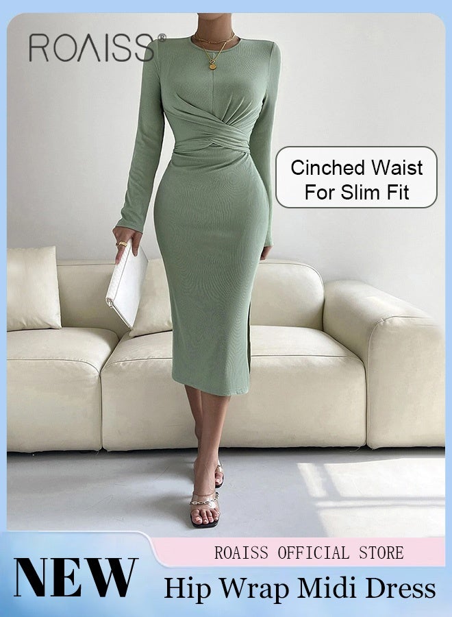 roaiss Women Evening Party Dress Waist Pleats and Crossed Tie Design for a Visual Waist Cinching and Slimming Effect Figure Enhancing Slim Fit to Flatter the Body Women Long Sleeve Mid Length Dress - Image 1