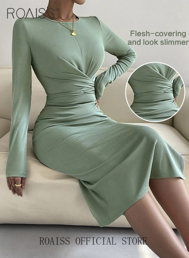 roaiss Women Evening Party Dress Waist Pleats and Crossed Tie Design for a Visual Waist Cinching and Slimming Effect Figure Enhancing Slim Fit to Flatter the Body Women Long Sleeve Mid Length Dress - Image 5