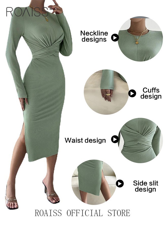 roaiss Women Evening Party Dress Waist Pleats and Crossed Tie Design for a Visual Waist Cinching and Slimming Effect Figure Enhancing Slim Fit to Flatter the Body Women Long Sleeve Mid Length Dress - Image 3