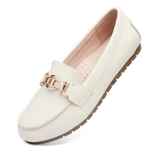 Cvistpieo Loafers for Women Business Casual Shoes Comfortable & Lightweight Penny Loafers Slip On Work Flats Leather Beige White Size 12 Wide Width