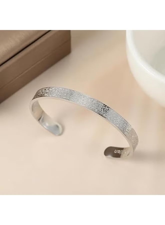 zoba Ayat al-Kursi bracelet, open palm design, for men and women, stainless steel – elegant Islamic Arabic engraving metal bracelet – silver - Image 5
