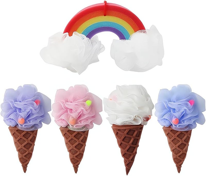 Ximimark 5 pcs Ice Cream Shaped Bath Loofah Cartoon Design Foaming Bath Ball Bath Shower Sponge Exfoliating Mesh Brush Shower Sponge for Bathroom Shower Puff - Image 1