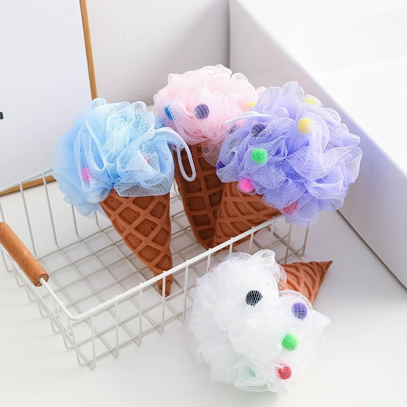 Ximimark 5 pcs Ice Cream Shaped Bath Loofah Cartoon Design Foaming Bath Ball Bath Shower Sponge Exfoliating Mesh Brush Shower Sponge for Bathroom Shower Puff - Image 2