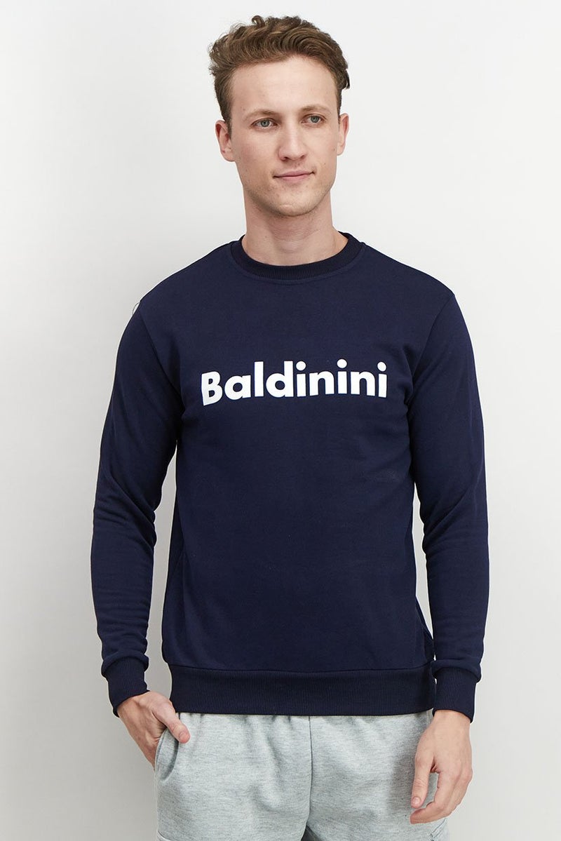 Baldinini Men Crew Neck Brand Logo Long Sleeves Sweatshirt, Navy Blue and White - Image 1