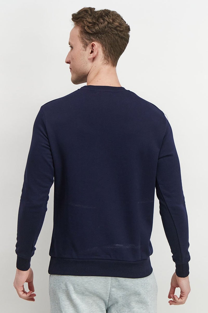 Baldinini Men Crew Neck Brand Logo Long Sleeves Sweatshirt, Navy Blue and White - Image 3