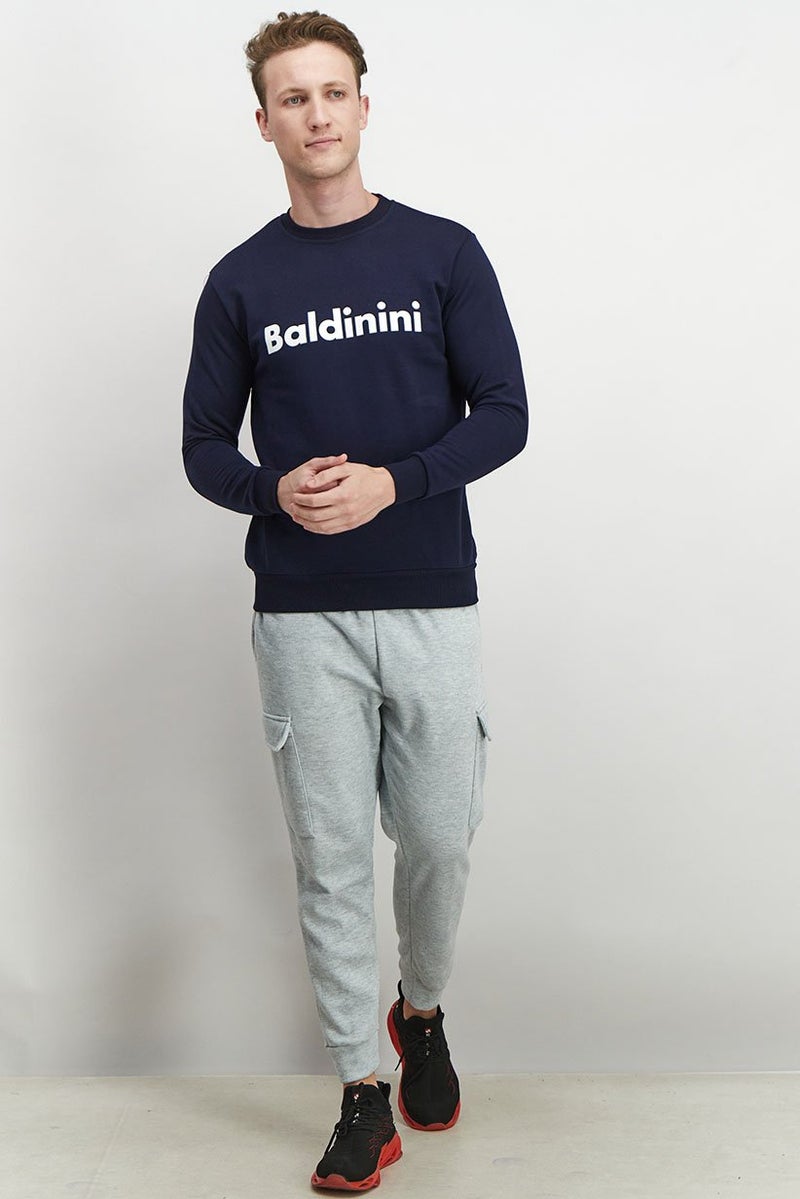Baldinini Men Crew Neck Brand Logo Long Sleeves Sweatshirt, Navy Blue and White - Image 4