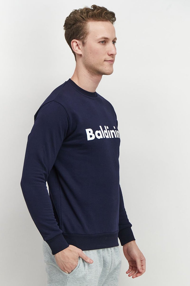 Baldinini Men Crew Neck Brand Logo Long Sleeves Sweatshirt, Navy Blue and White - Image 2