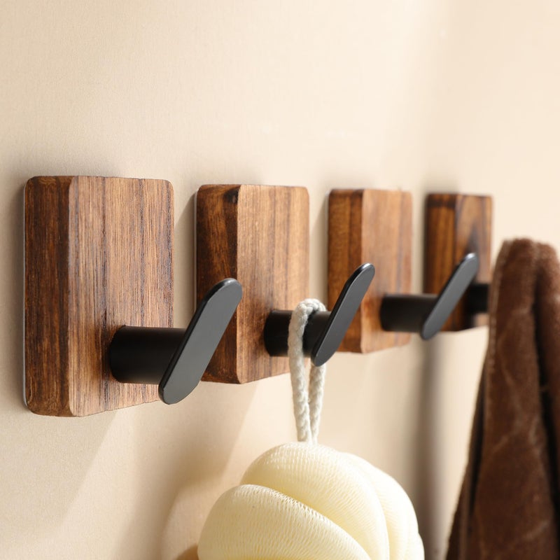 DELITON Towel Hooks for Bathrooms, 4 Pack Adhesive Wood Hooks for Hanging Robes, Towels, Coat, Key, Decorative Wall Utility Hook Heavy Duty - Image 1