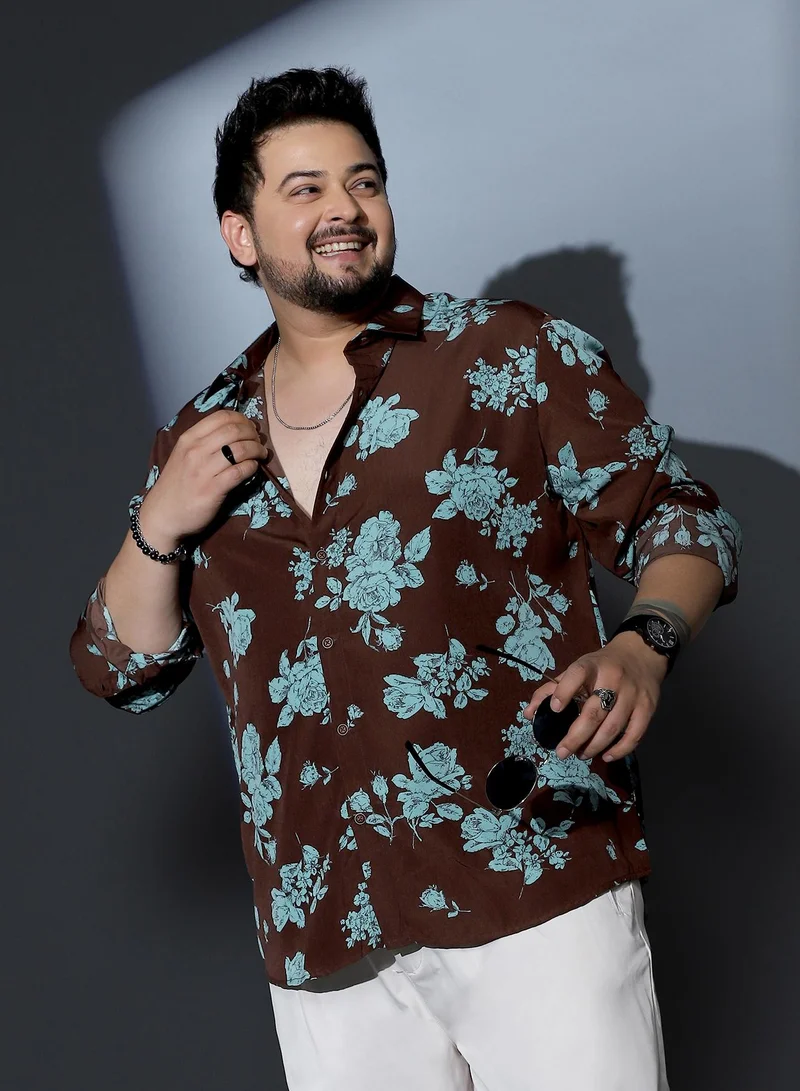 Instafab Plus Instafab Plus Men Contrast-Roses Imprint Shirt | Spread Collar , Long Cuffed Sleeves | Button Closure , Curved Hem | Floral Print Woven Fabric For Street & Casual Wear | Powder Blue & Chocolate Brown