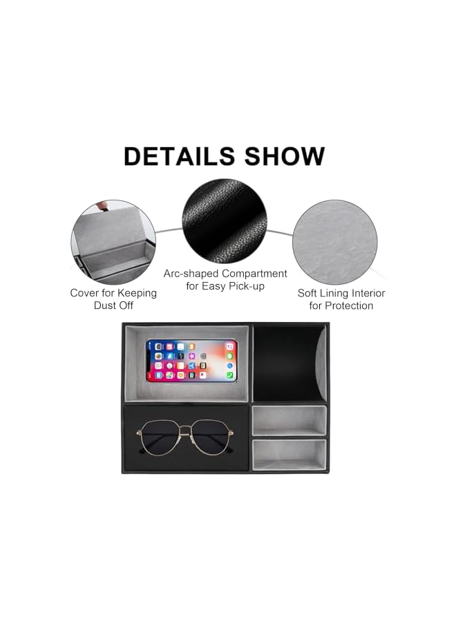 The Bros Mens Valet Tray Organizer- Leather Nightstand Dresser Top Box with 5 Compartment for Accessories, Wallet, Phone, Keys Glasses Jewelry  - Image 3