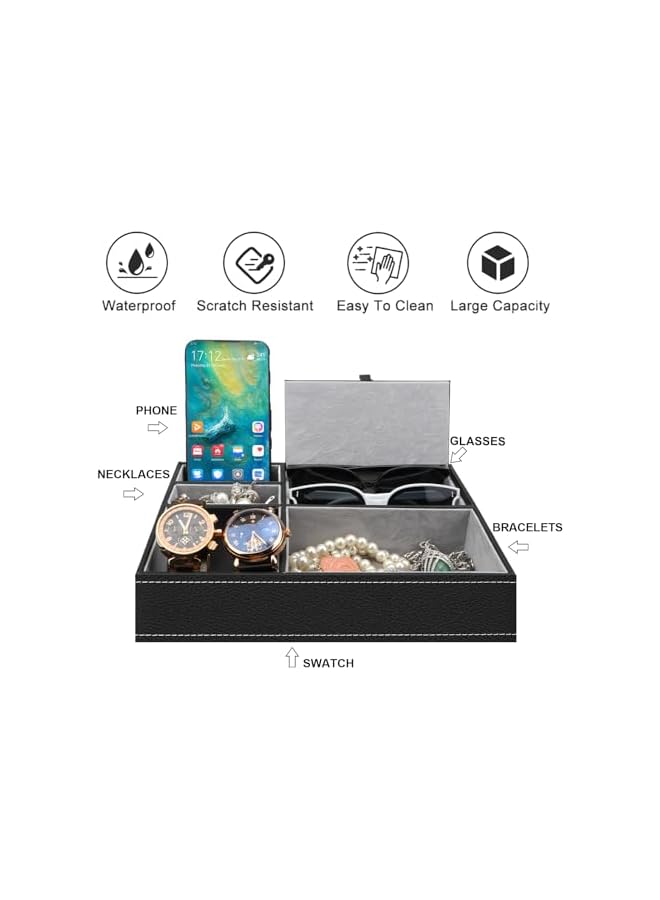 The Bros Mens Valet Tray Organizer- Leather Nightstand Dresser Top Box with 5 Compartment for Accessories, Wallet, Phone, Keys Glasses Jewelry  - Image 2