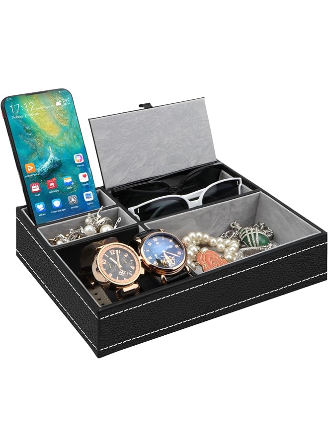 The Bros Mens Valet Tray Organizer- Leather Nightstand Dresser Top Box with 5 Compartment for Accessories, Wallet, Phone, Keys Glasses Jewelry  - Image 1