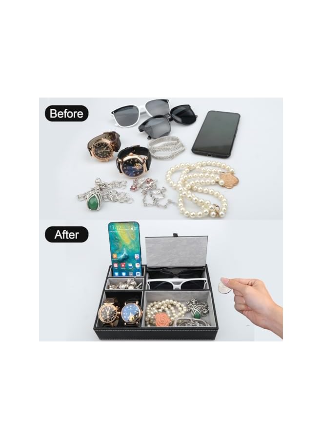 The Bros Mens Valet Tray Organizer- Leather Nightstand Dresser Top Box with 5 Compartment for Accessories, Wallet, Phone, Keys Glasses Jewelry  - Image 4
