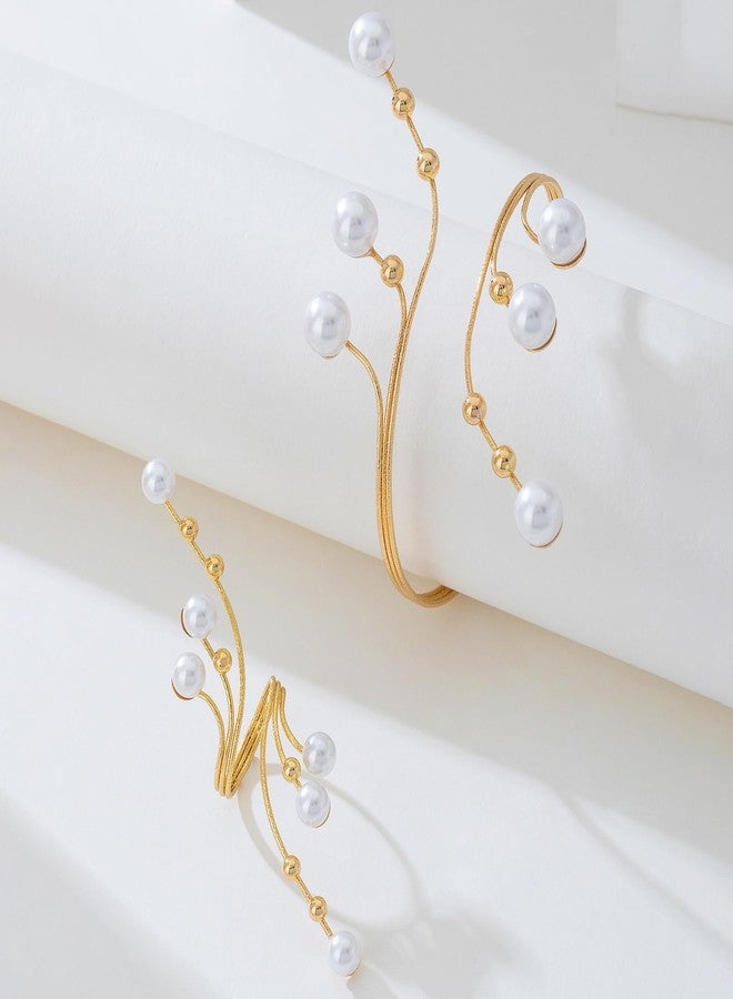 ANGLEQUEEN Chunky Cuff Bracelets Rings For Women Rhinestone Pearls Bracelet Ring Set Gold Chunky Bangle Bracelets Rings Set Prom Jewelry Sets for Women (Pearl) - Image 5
