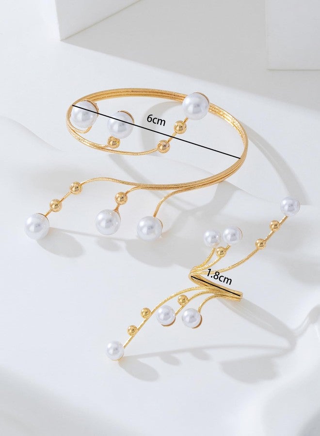 ANGLEQUEEN Chunky Cuff Bracelets Rings For Women Rhinestone Pearls Bracelet Ring Set Gold Chunky Bangle Bracelets Rings Set Prom Jewelry Sets for Women (Pearl) - Image 4