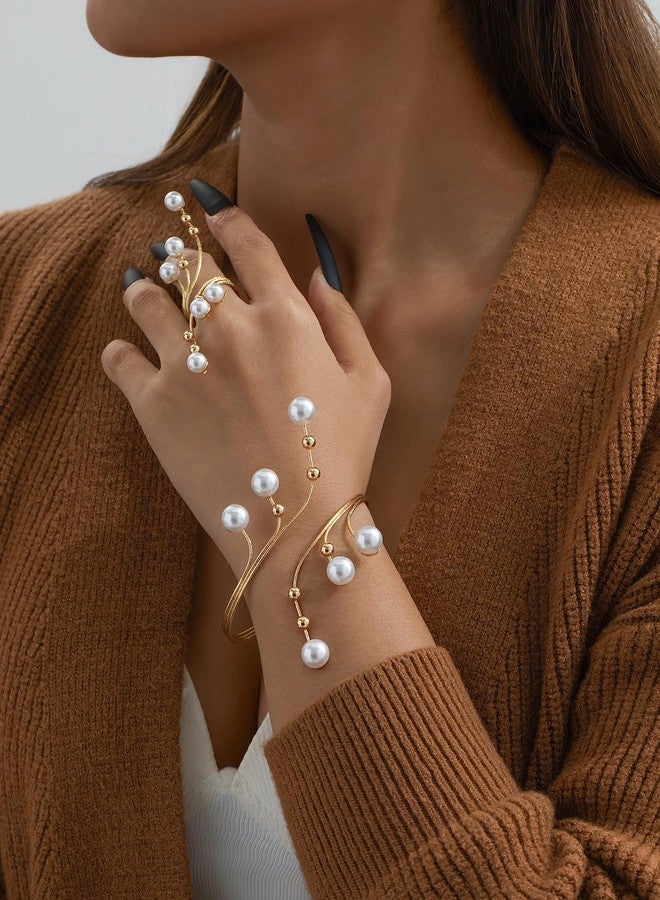 ANGLEQUEEN Chunky Cuff Bracelets Rings For Women Rhinestone Pearls Bracelet Ring Set Gold Chunky Bangle Bracelets Rings Set Prom Jewelry Sets for Women (Pearl) - Image 2