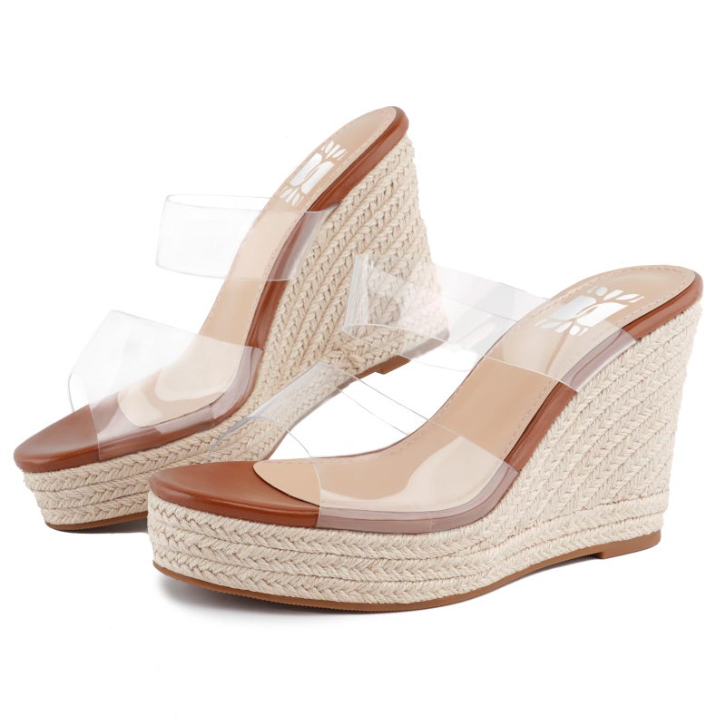 VARECOLA Women Slip On Espadrille Platform Wedge Sandals Slide Open Toe Clear High Heel Sandals (Brown, Adult, Women, 8.5, Numeric, US Footwear Size System, Medium) - Image 1