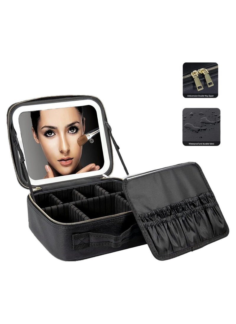 Generic makeup bag with LED mirror,Adjustable Brightness LED Cosmetic Train Case with brush storage board suitable for travel and daily make up ,Portable Travel Cosmetic Organizer for Women, 3 Color Light Settings, Adjustable Dividers Vanity Case Birthday gifts  - Image 1