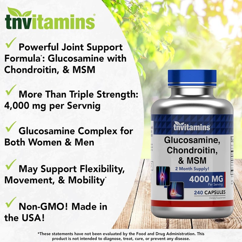 tnvitamins Glucosamine Chondroitin  MSM 4000 MG  240 Capsules for Men  Women  Joint Support Supplement Complex  More Than Triple Strength  NonGMO  Produced in The USA - Image 3