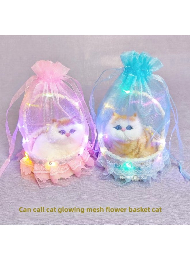null - Simulated Cats Can Call Cats With Baskets Cats With Lights Basket Simulated Cats Scenic Spot Stalls Toy Cat Ornaments-Color:The Cat Will Bark In The Blue Lantern Mesh Flower Basket With Light - Image 1
