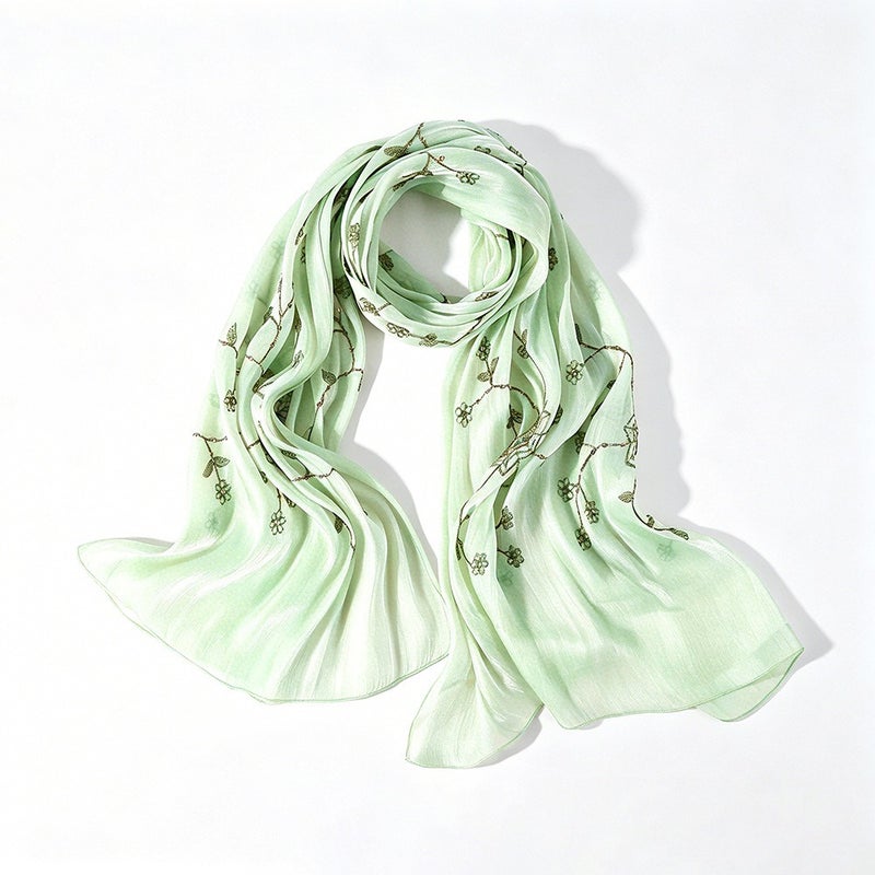 FANXIN Women's Satin Island Silk Scarf with Embroidery and Sequins - Lightweight Headscarf for Hijab, 170x70cm