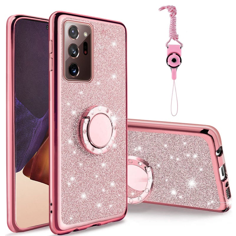 Easyscen for Galaxy Note 20 Ultra Case with Ring Stand Lanyard Strap Cute Shiny Glitter Girly Women Drop Protection Shockproof 2Layer Protective Phone Cover for Samsung Note 20 Ultra 5G Rose Gold - Image 3